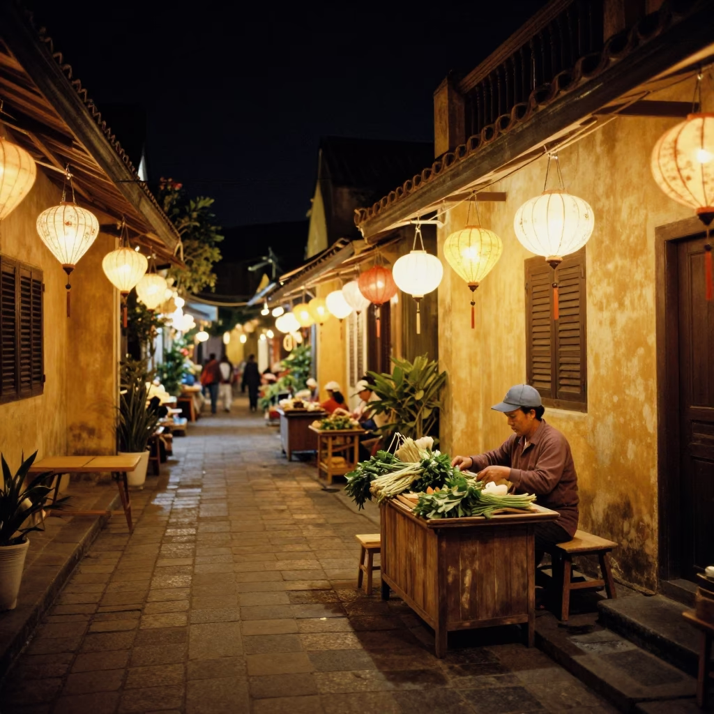 Night Market Street Scene in Hoi An Vietnam with Hanging Lanterns and Local Vendor in in Hoi An, Vietnam