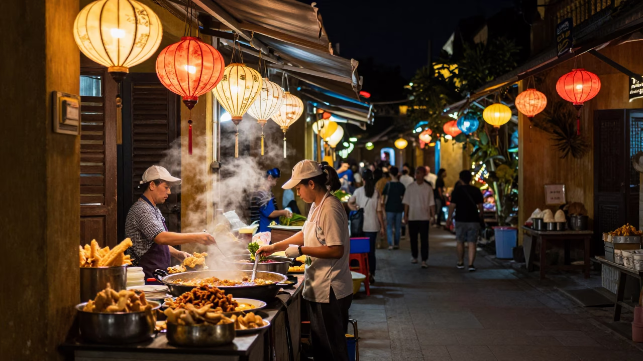 Night Market Street Scene in Hoi An Vietnam with Lanterns and Food in in Hoi An, Vietnam