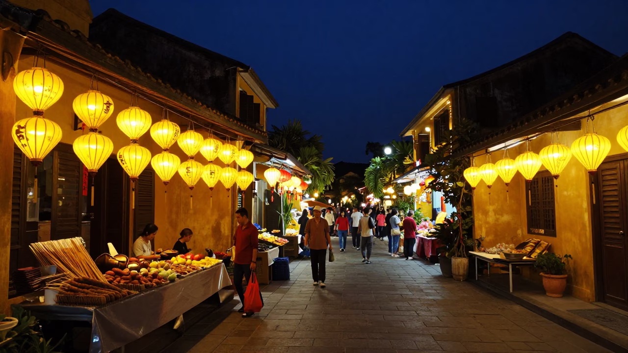 Night Market Street Scene in Hoi An Vietnam with Lanterns and Tamarind Tree in in Hoi An, Vietnam