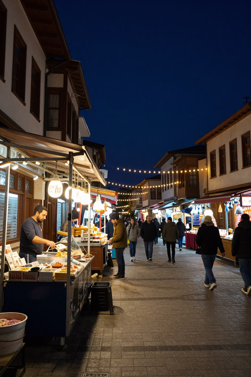 Night Market Street Scene in Izmir Turkey with String Lights and Baklava in in Izmir, Turkey