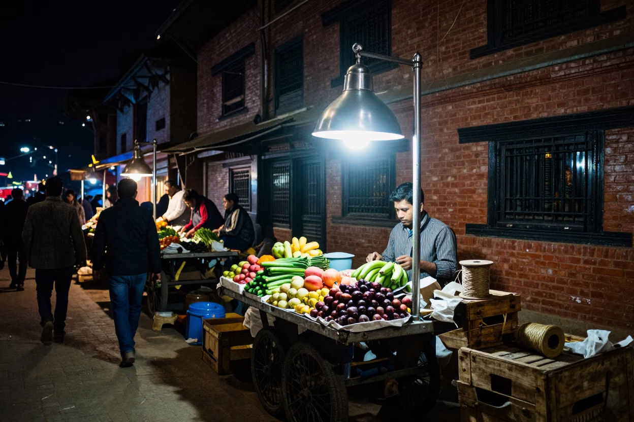 Night Market Street Scene in Kathmandu Nepal with Brushed Steel Lamp and Twine Spool in in Kathmandu, Nepal