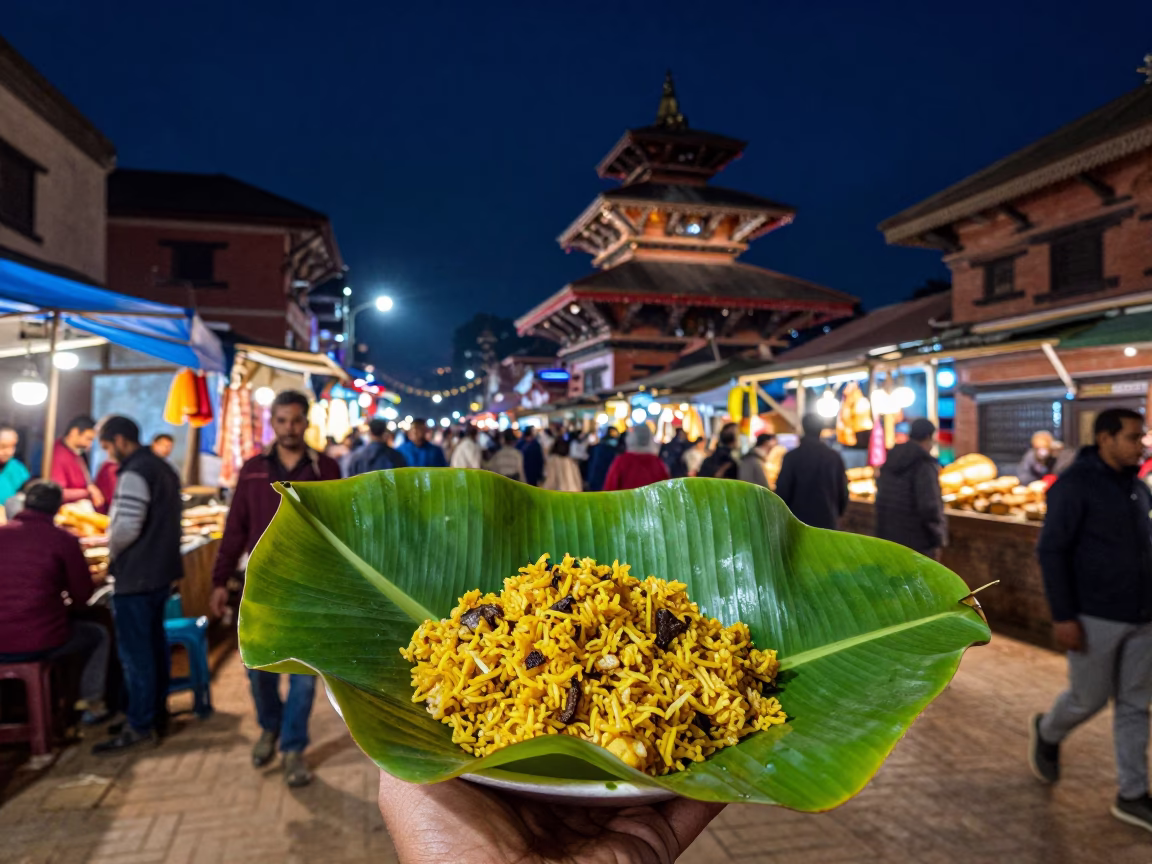 Night Market Street Scene in Kathmandu Nepal with Doro Wat and Injera in in Kathmandu, Nepal
