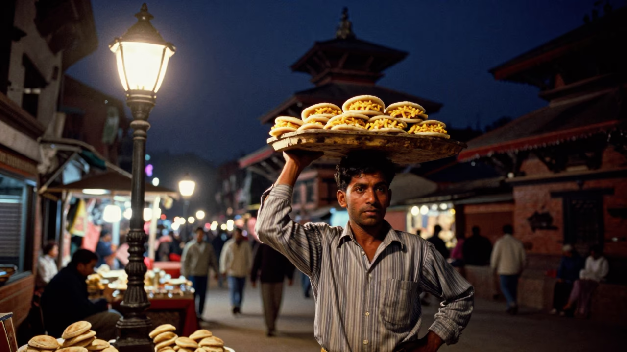 Night Market Street Scene in Kathmandu Nepal with Hurricane Lamp Illuminating Arepa Tray in in Kathmandu, Nepal