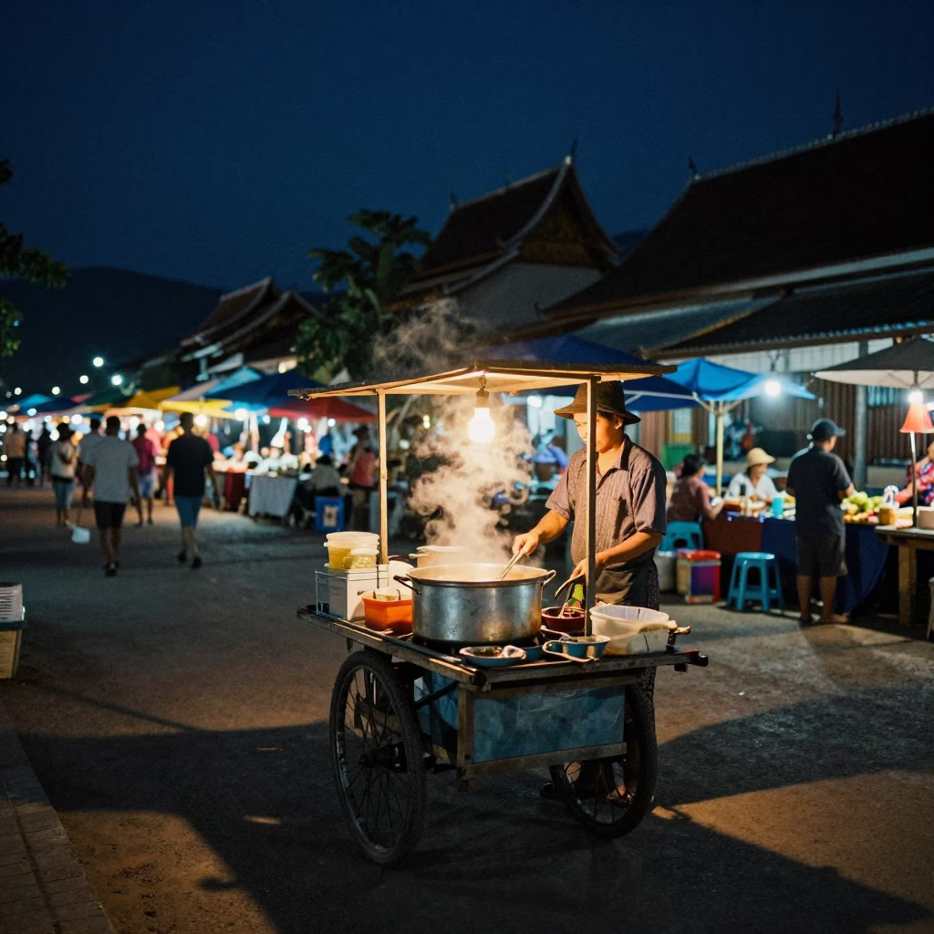 Night Market Street Scene in Luang Prabang Laos Under Deep Night Sky in in Luang Prabang, Laos