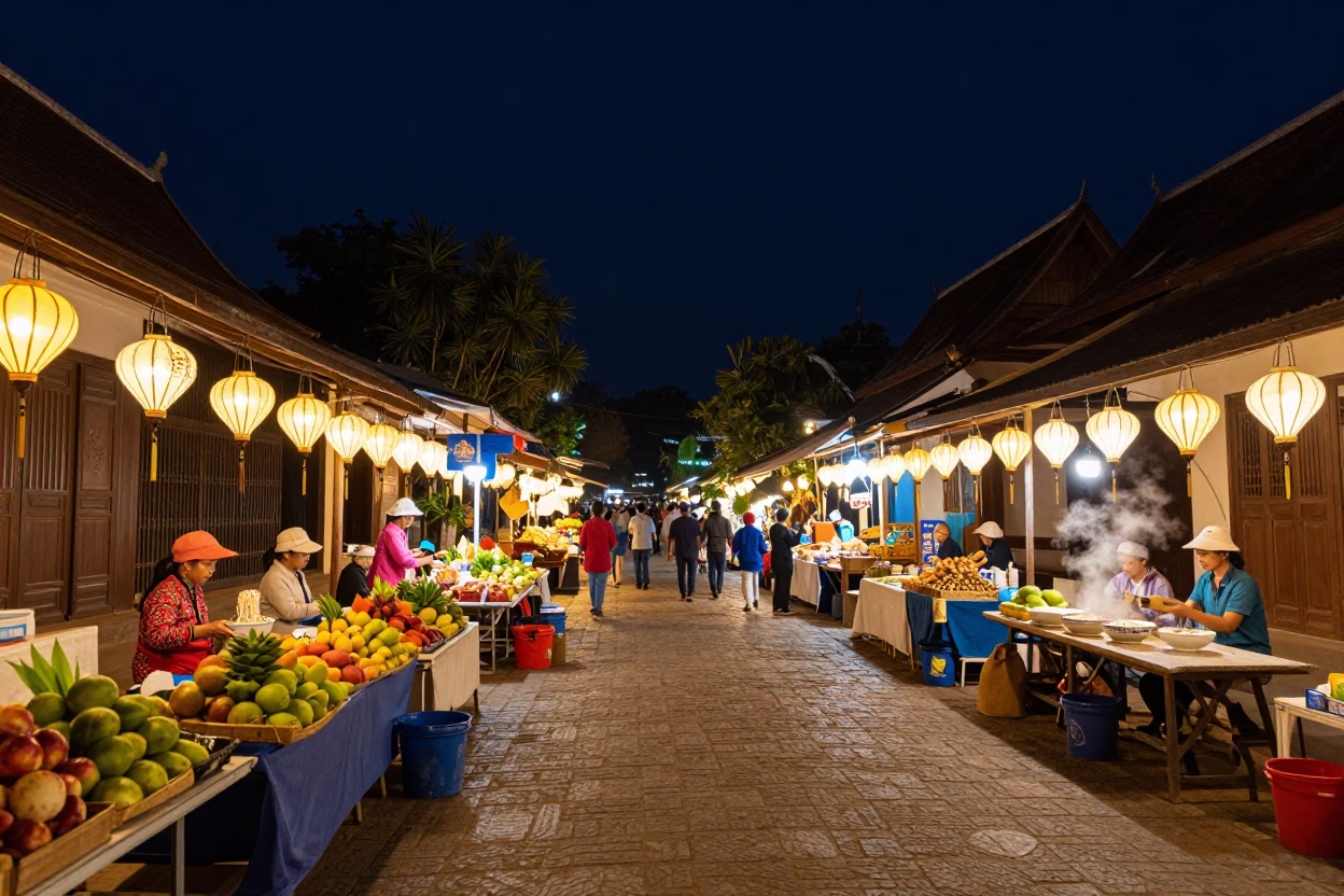 Night Market Street Scene in Luang Prabang Laos Under Deep Sky in in Luang Prabang, Laos