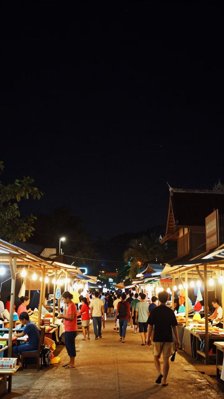 Night Market Street Scene in Luang Prabang Laos Under Deep Starlight in in Luang Prabang, Laos
