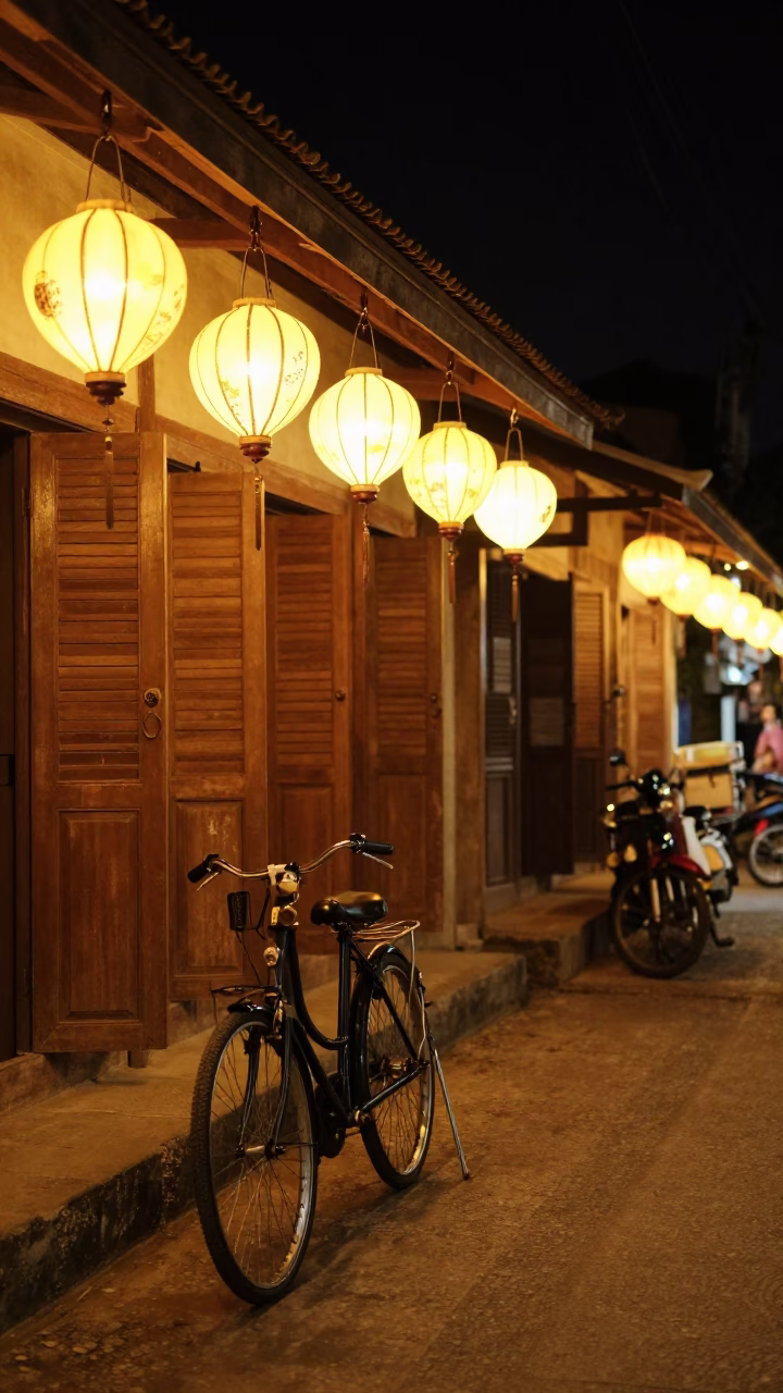 Night Market Street Scene in Luang Prabang Laos with Bicycle and Lanterns in in Luang Prabang, Laos