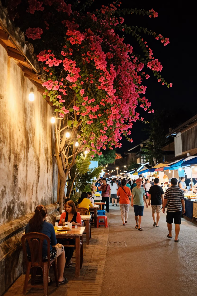 Night Market Street Scene in Luang Prabang Laos with Bougainvillea and Condensation in in Luang Prabang, Laos