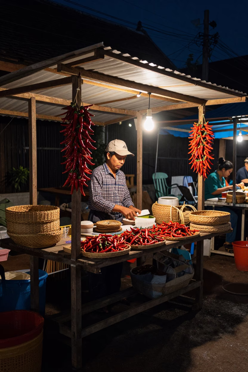 Night Market Street Scene in Luang Prabang Laos with Chili Peppers and Local Vendor in in Luang Prabang, Laos