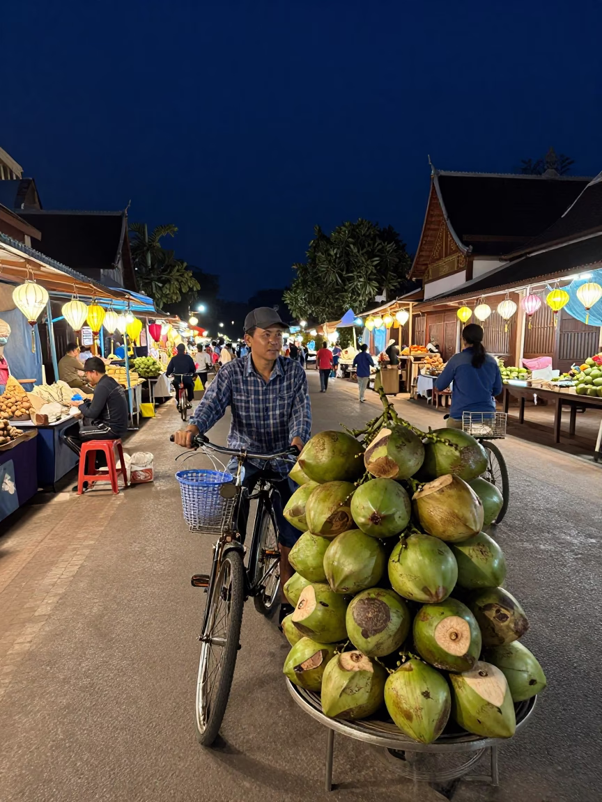 Night Market Street Scene in Luang Prabang Laos with Coconuts and Lanterns in in Luang Prabang, Laos