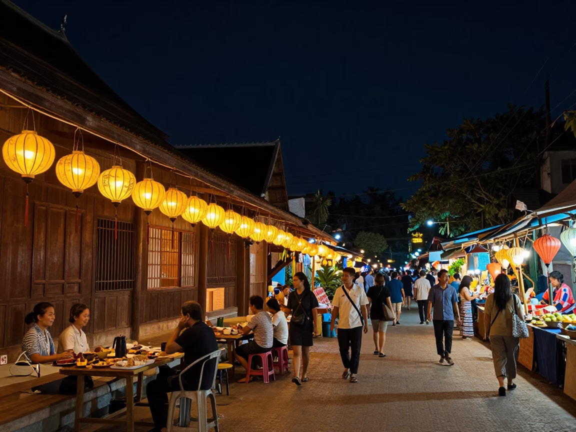 Night Market Street Scene in Luang Prabang Laos with Lanterns and Local Vendors in in Luang Prabang, Laos