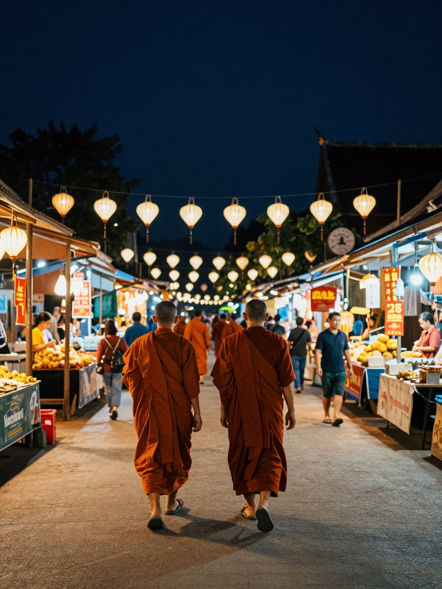 Night Market Street Scene in Luang Prabang Laos with Monks and Lanterns in in Luang Prabang, Laos