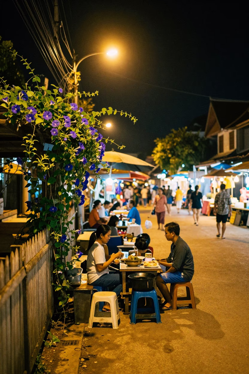 Night Market Street Scene in Luang Prabang Laos with Morning Glory and Local Life in in Luang Prabang, Laos