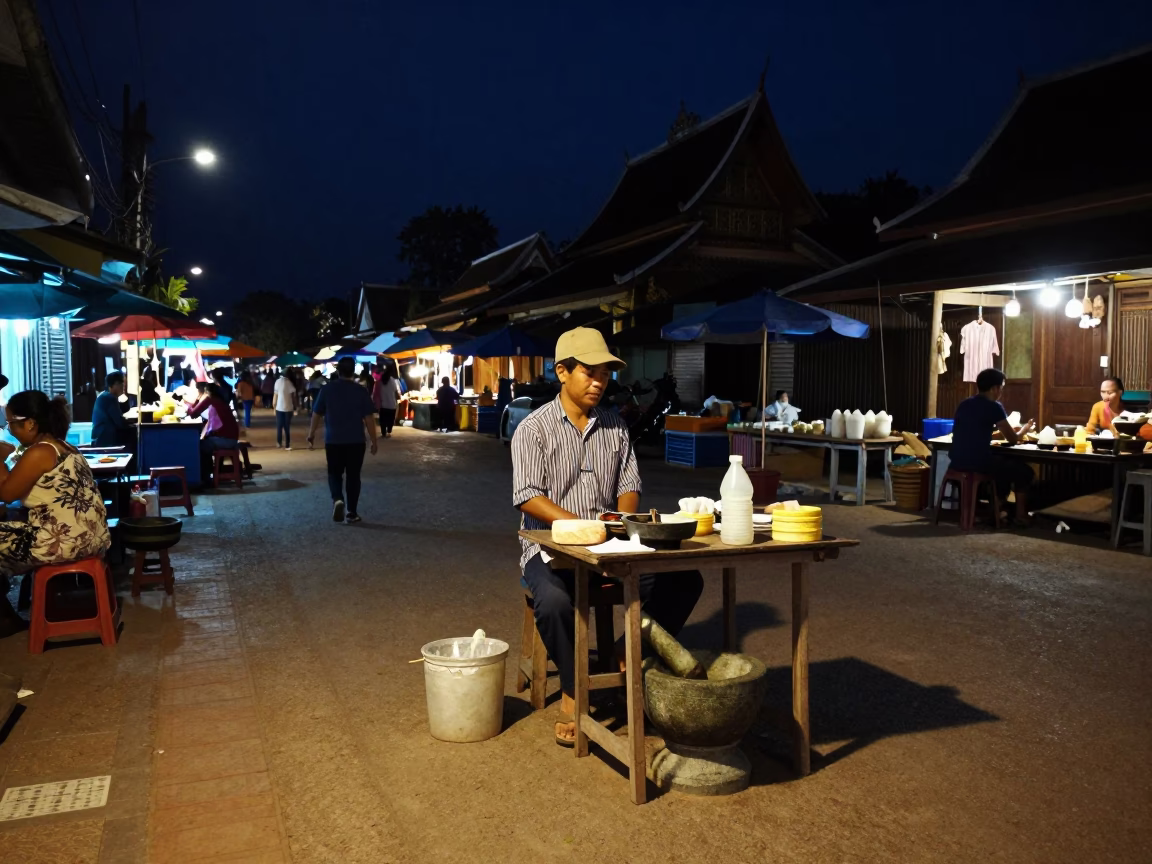 Night Market Street Scene in Luang Prabang Laos with Mortar and Pestle in in Luang Prabang, Laos