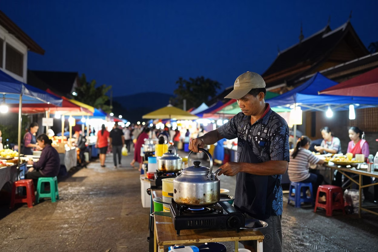 Night Market Street Scene in Luang Prabang Laos with Street Food Vendors and Lanterns in in Luang Prabang, Laos
