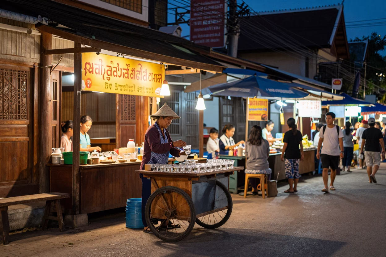 Night Market Street Scene in Luang Prabang Laos with Tea Seller in in Luang Prabang, Laos