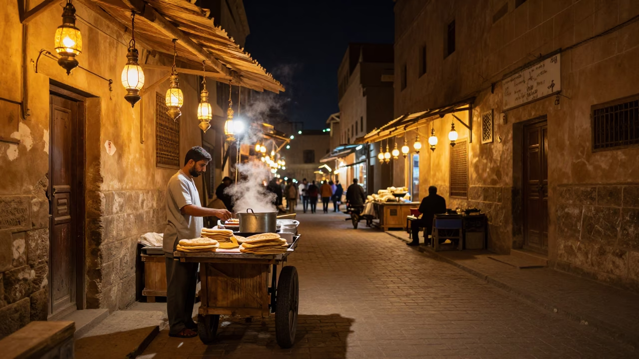 Night Market Street Scene in Luxor Egypt with Lantern Light and Local Vendors in in Luxor, Egypt