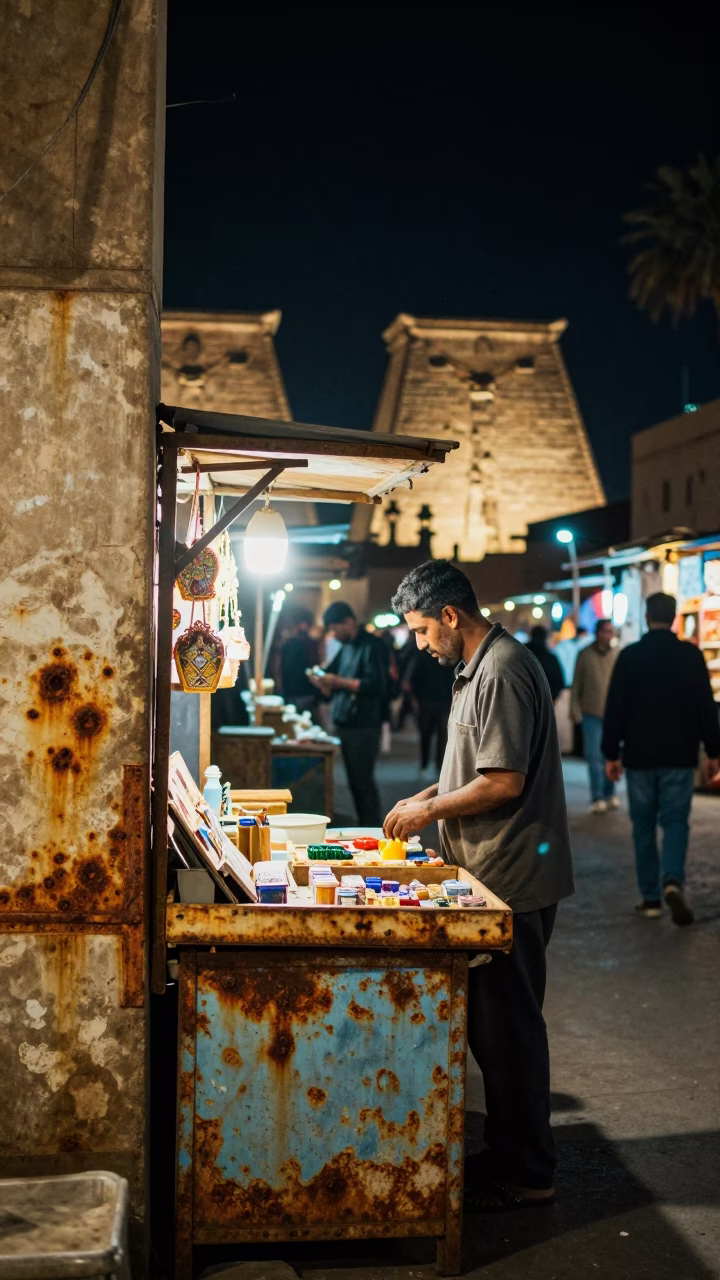 Night Market Street Scene in Luxor Egypt with Rusty Metal and Wooden Tray in in Luxor, Egypt