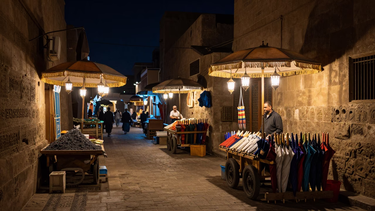 Night Market Street Scene in Luxor Egypt with Umbrellas and Coal Scuttle in in Luxor, Egypt