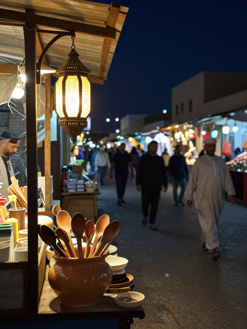 Night Market Street Scene in Muscat Oman with Lantern and Utensil Crock in in Muscat, Oman