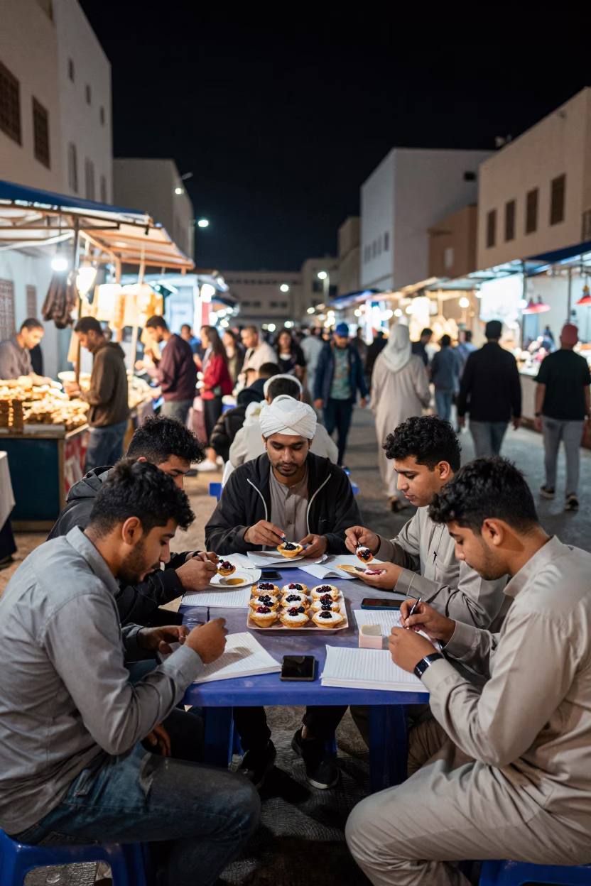 Night Market Street Scene in Muscat Oman with Students and Food Stalls in in Muscat, Oman
