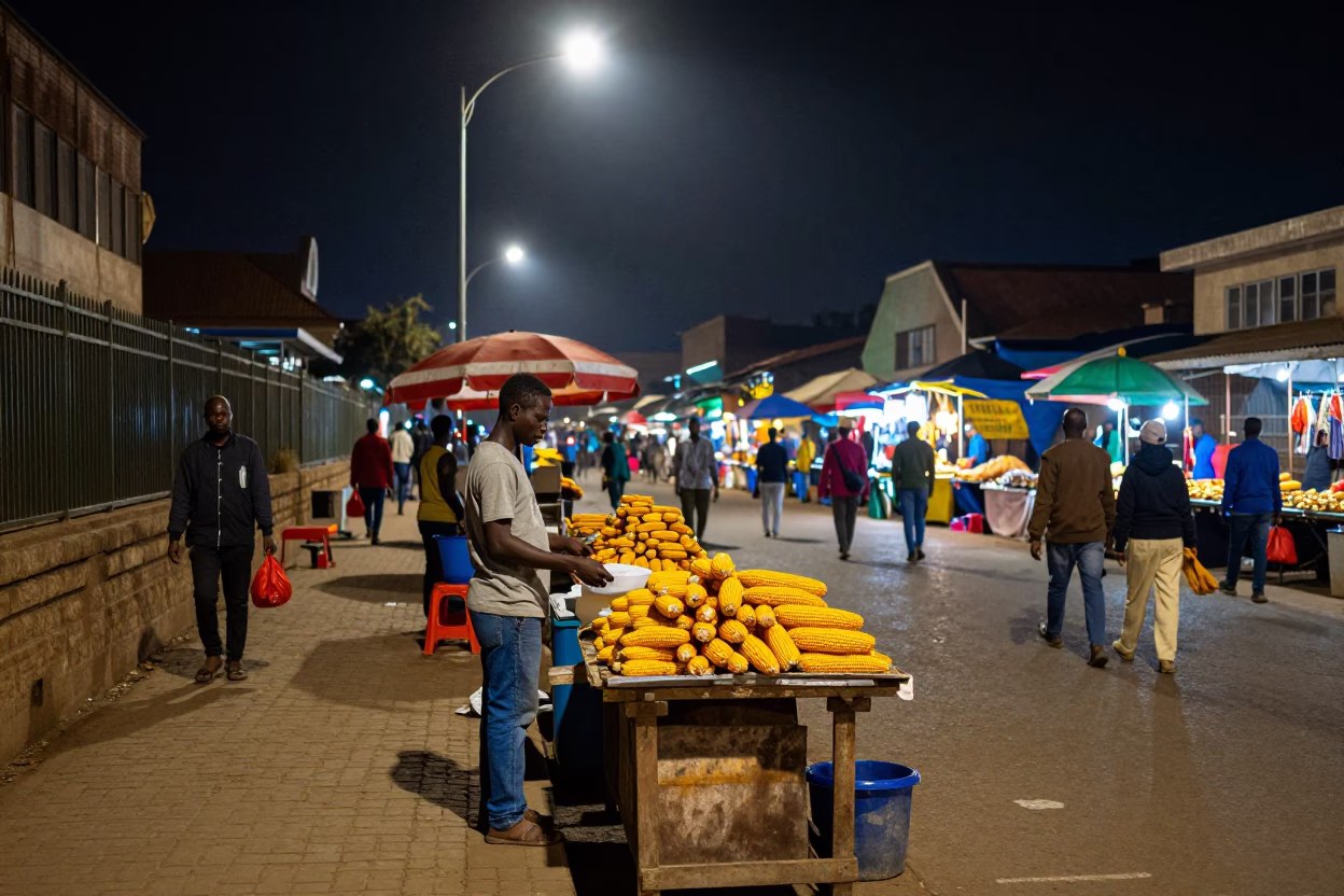 Night Market Street Scene in Nairobi Kenya with Colorful Stalls and Local Vendors in in Nairobi, Kenya