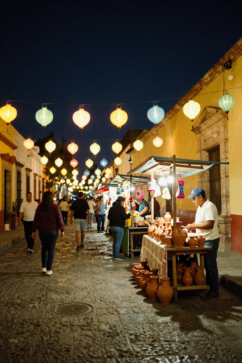 Night Market Street Scene in Oaxaca Mexico with Colorful Lanterns and Local Vendors in in Oaxaca, Mexico