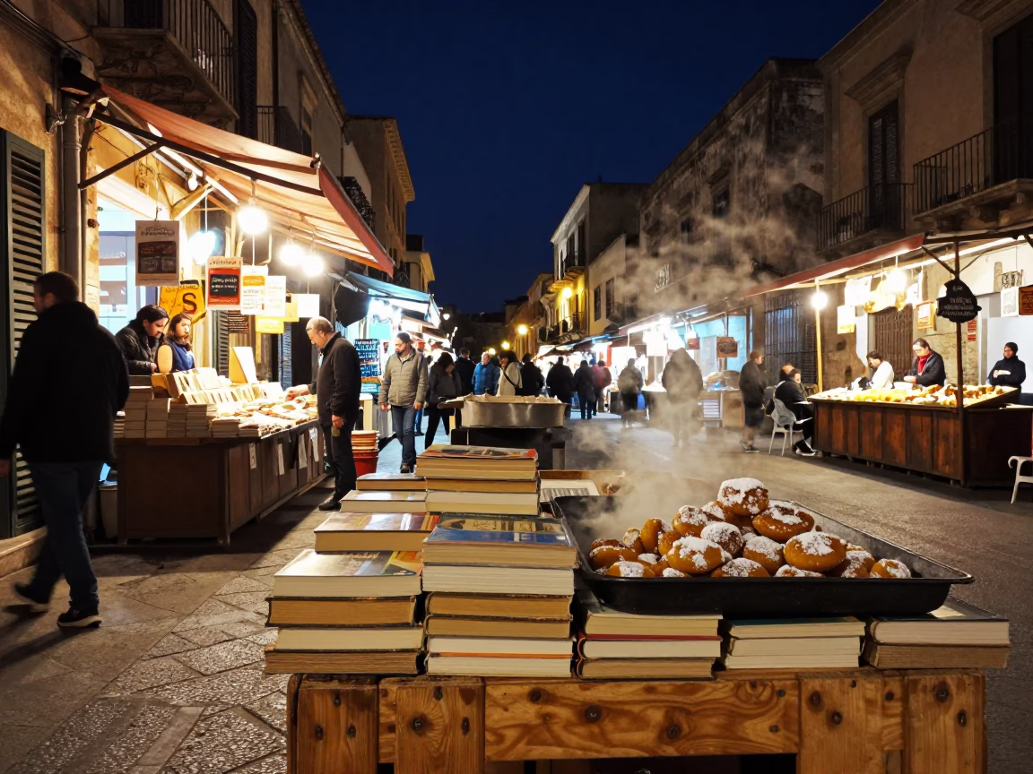 Night Market Street Scene in Palermo Italy with Paperbacks and Loukoumades in in Palermo, Italy