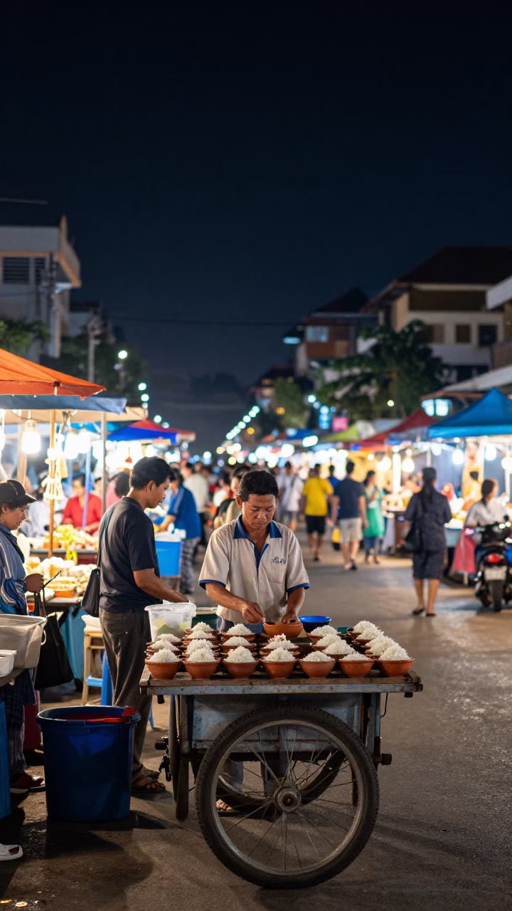 Night Market Street Scene in Phnom Penh Cambodia Under Deep Dark Sky in in Phnom Penh, Cambodia