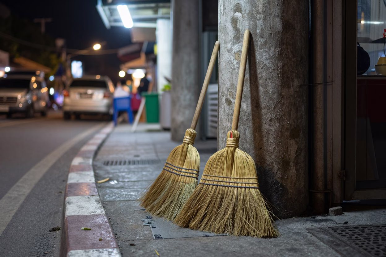 Night Market Street Scene in Phuket Thailand with Brooms and Prayer Beads in in Phuket, Thailand