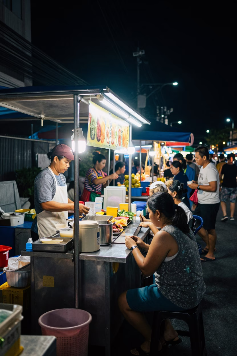 Night Market Street Scene in Phuket Thailand with Vendor and Patrons in in Phuket, Thailand