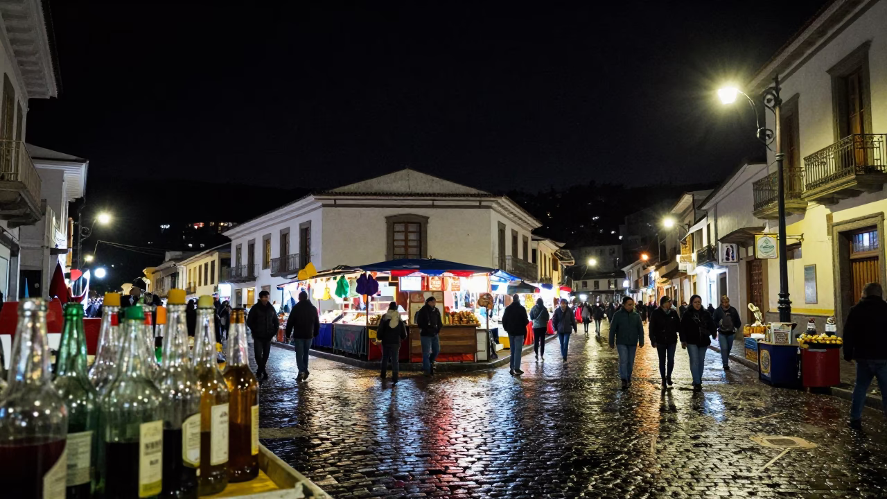 Night Market Street Scene in Quito Ecuador with Glass Bottles and Local Interaction in in Quito, Ecuador