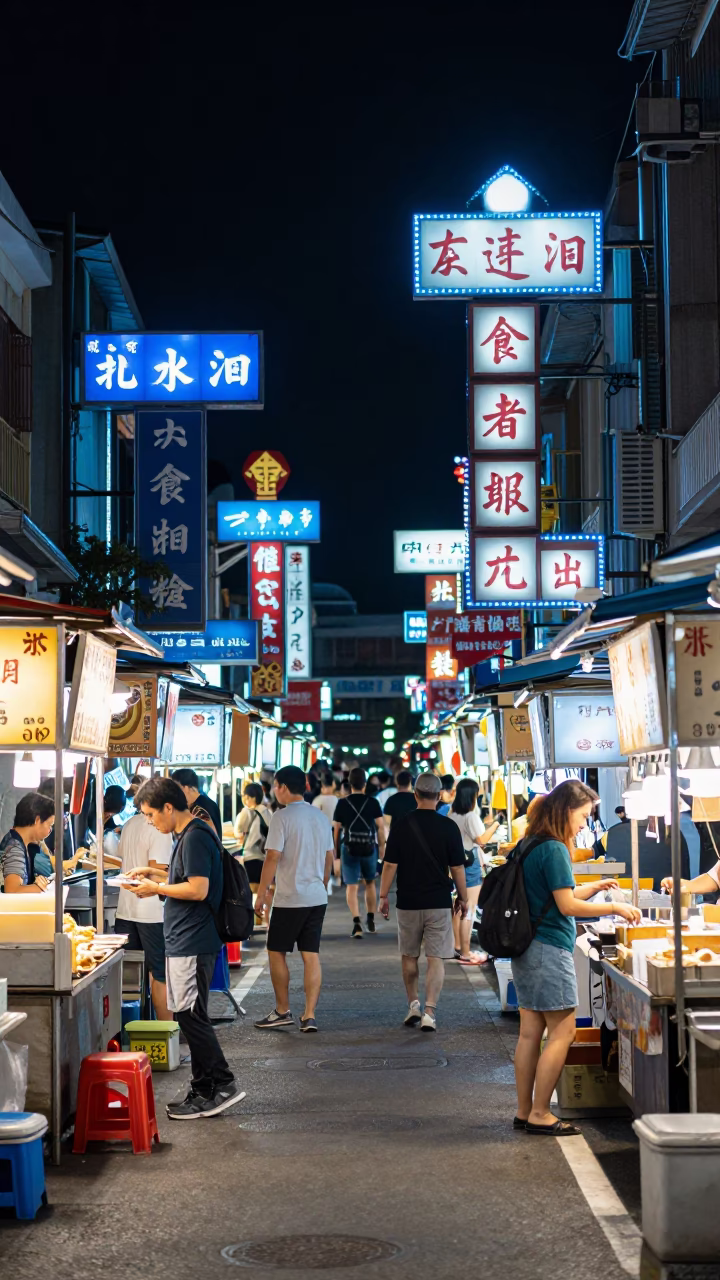 Night Market Street Scene in Tainan Taiwan with Neon Lights and Bougainvillea in in Tainan, Taiwan