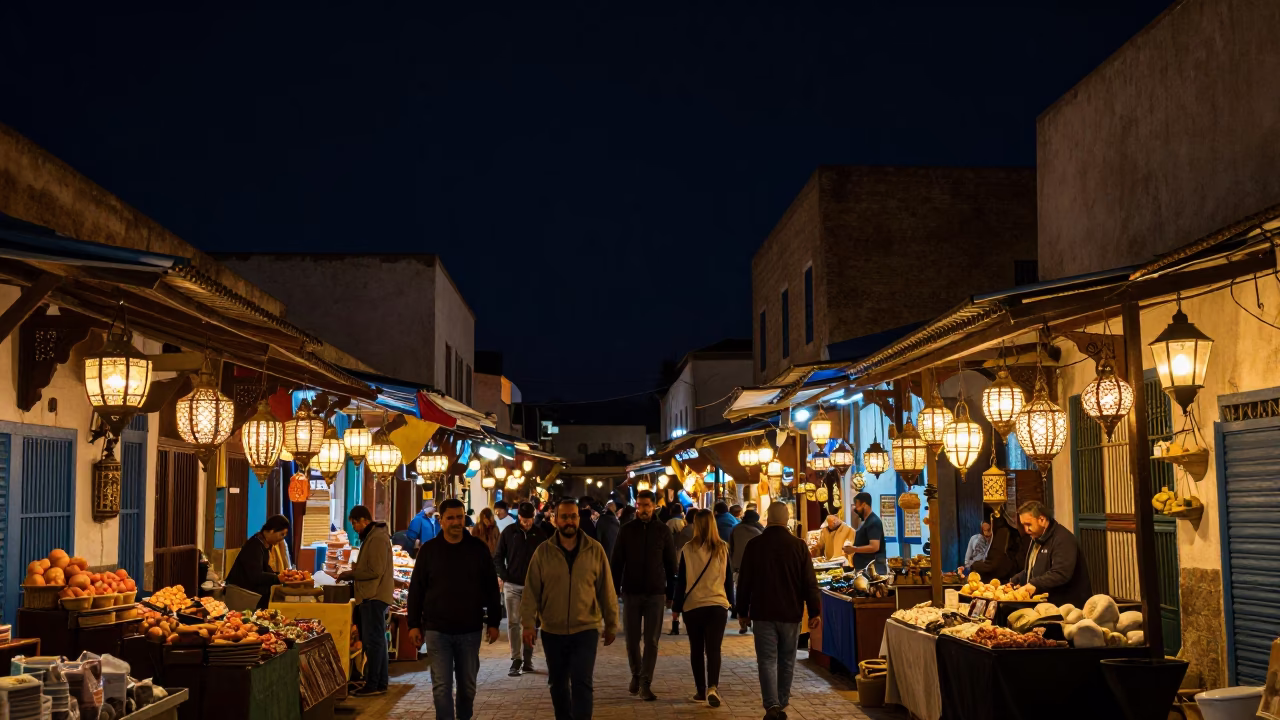 Night Market Street Scene in Tunis Tunisia with Lanterns and Local Life in in Tunis, Tunisia