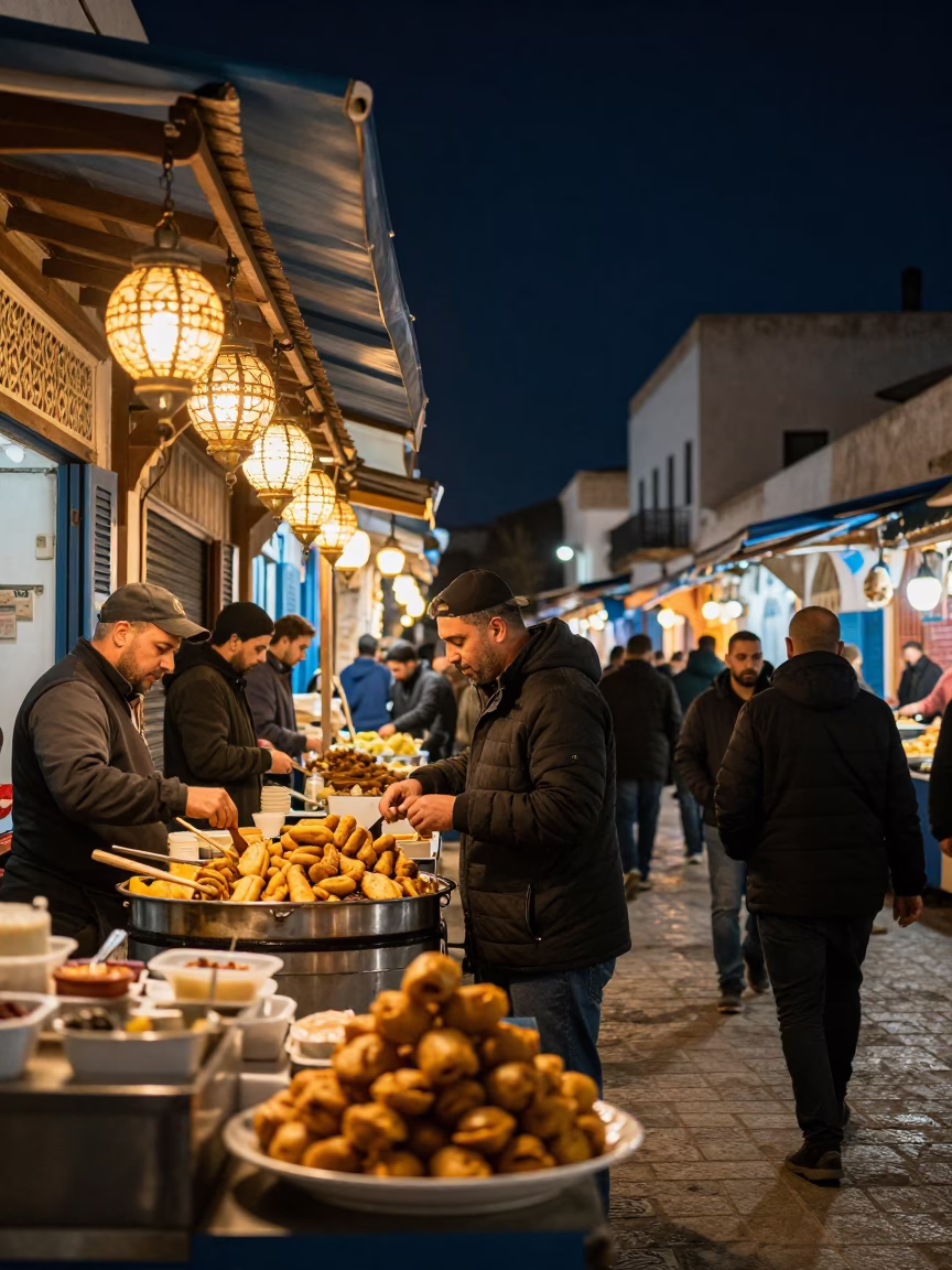 Night Market Street Scene in Tunis Tunisia with Plate of Accra Fritters in in Tunis, Tunisia