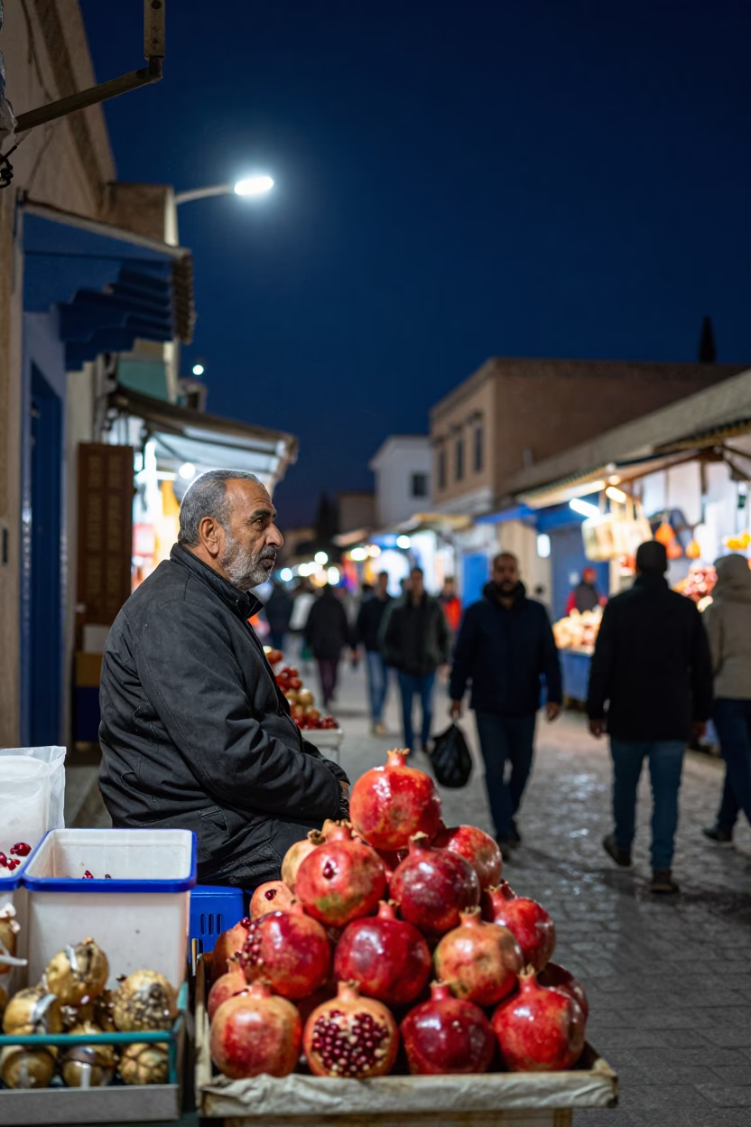 Night Market Street Scene in Tunis Tunisia with Pomegranate Vendor and Traditional Architecture in in Tunis, Tunisia