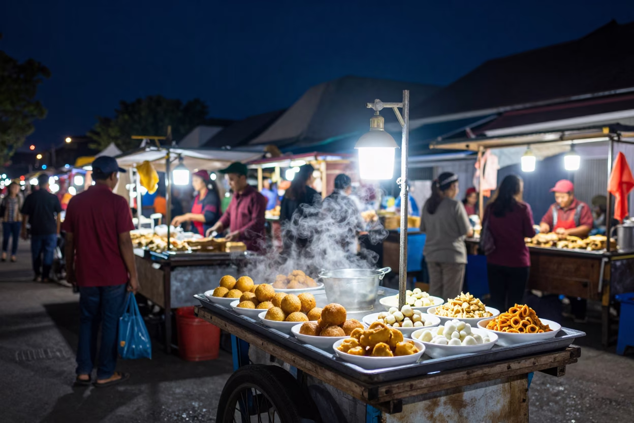 Night Market Street Scene in Yogyakarta Indonesia Under Deep Night Sky in in Yogyakarta, Indonesia
