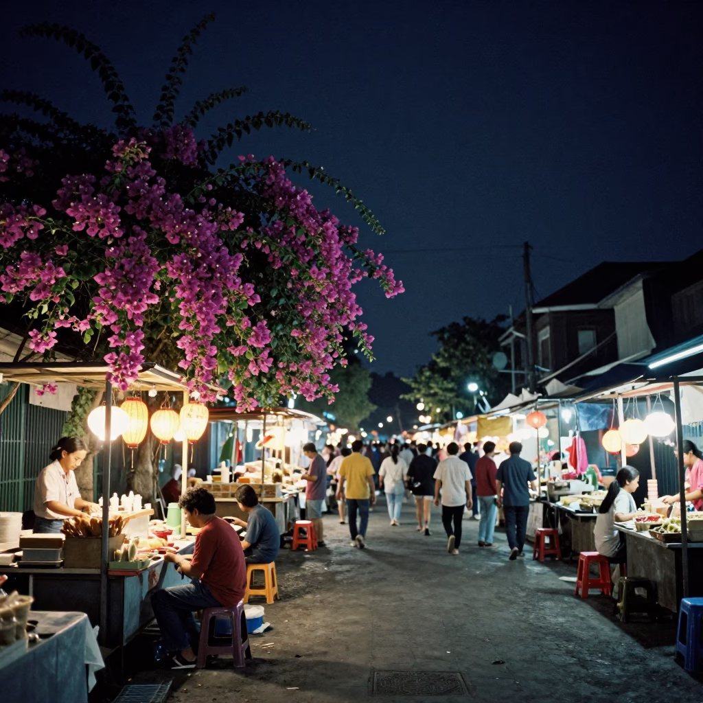 Night Market Street Scene in Yogyakarta Indonesia with Bougainvillea and Lantern Light in in Yogyakarta, Indonesia