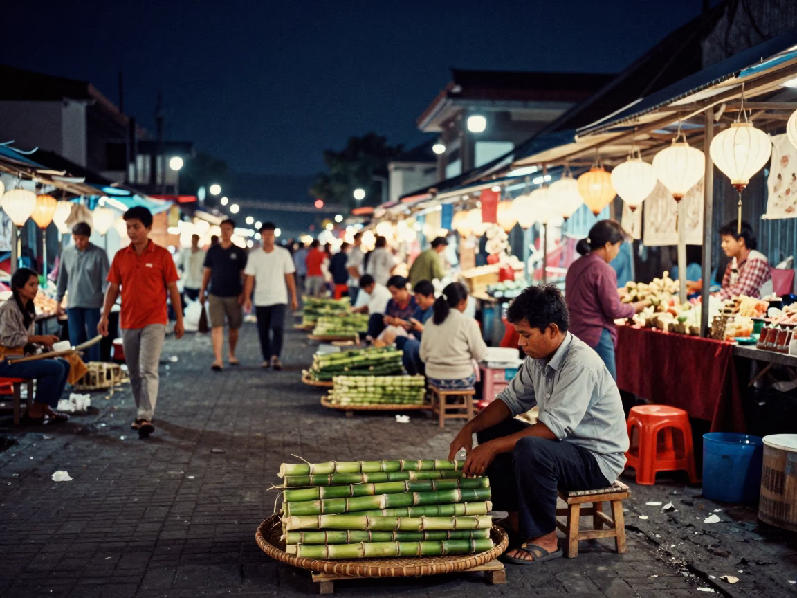 Night Market Street Scene in Yogyakarta Indonesia with Lanterns and Local Vendors in in Yogyakarta, Indonesia