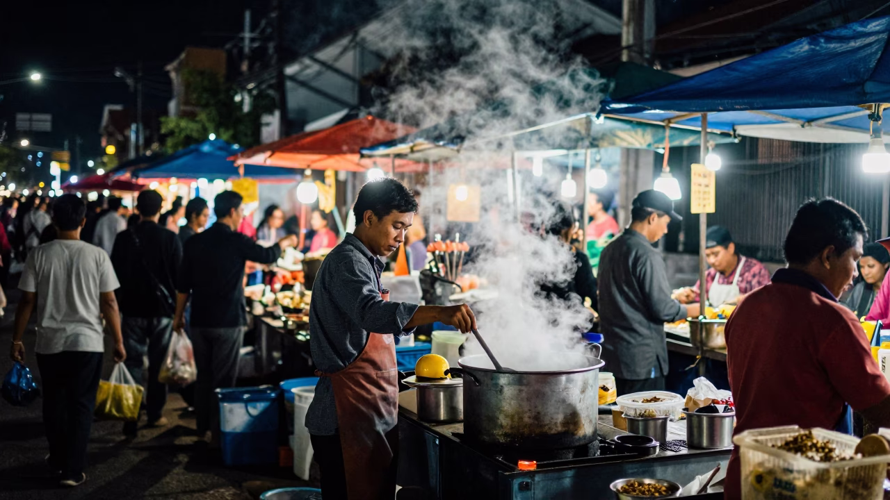 Night Market Street Scene in Yogyakarta Indonesia with Steam and Local Vendors in in Yogyakarta, Indonesia