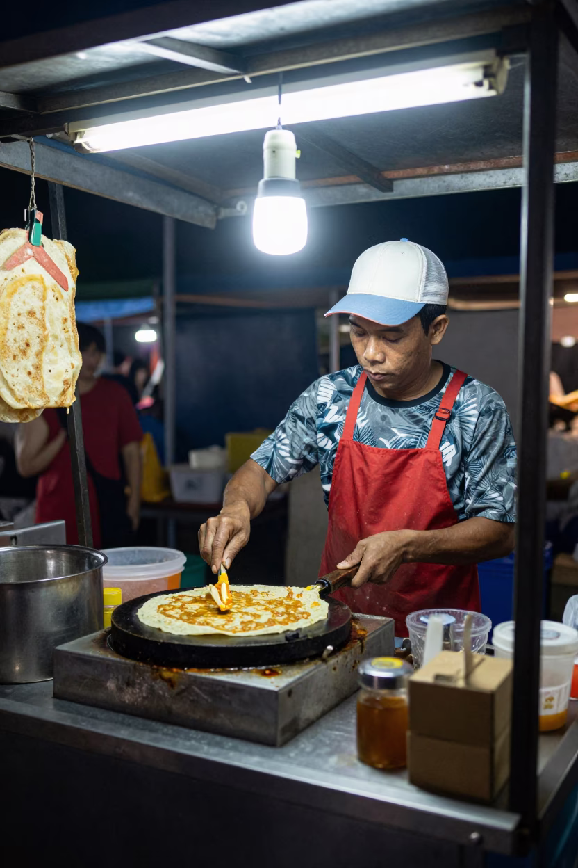 Night Market Street Vendor Cooking Jianbing Crepe in Phuket Thailand Late Evening in in Phuket, Thailand