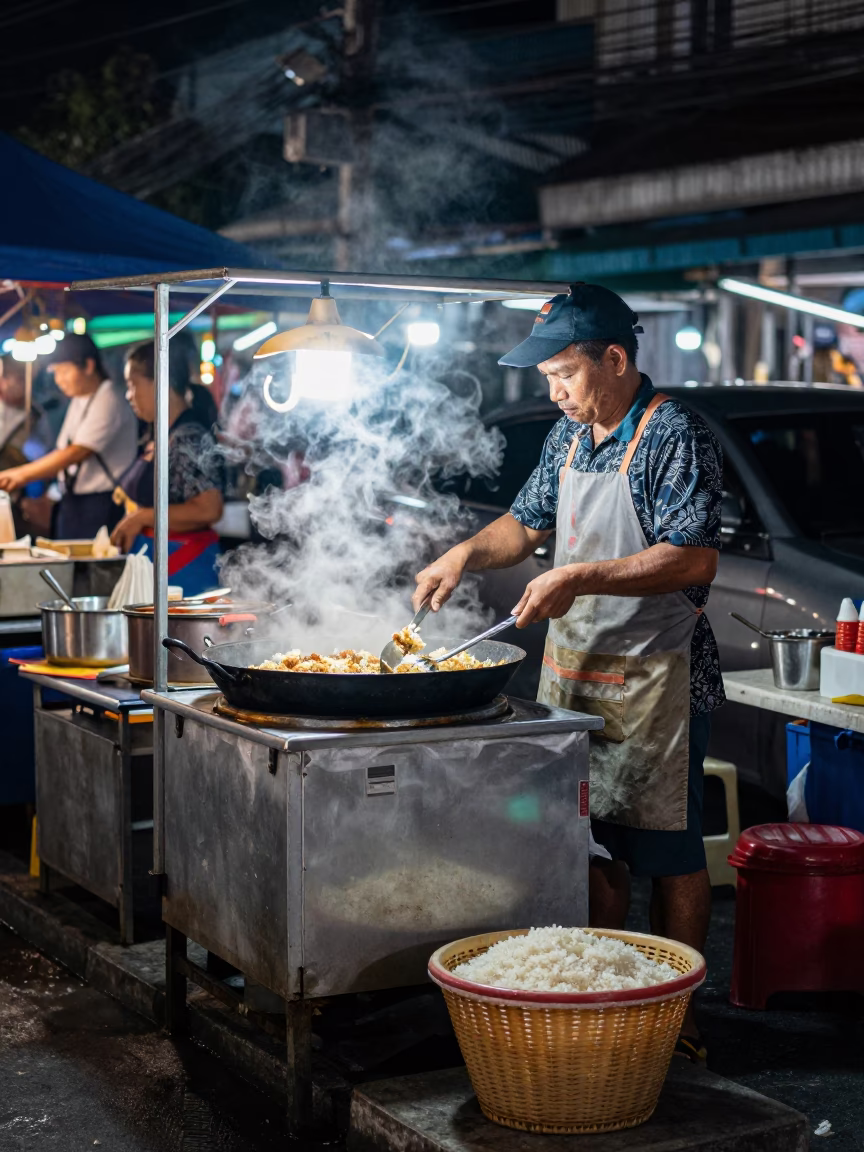 Night Market Street Vendor Cooking Rice in Bangkok Thailand Midnight in in Bangkok, Thailand
