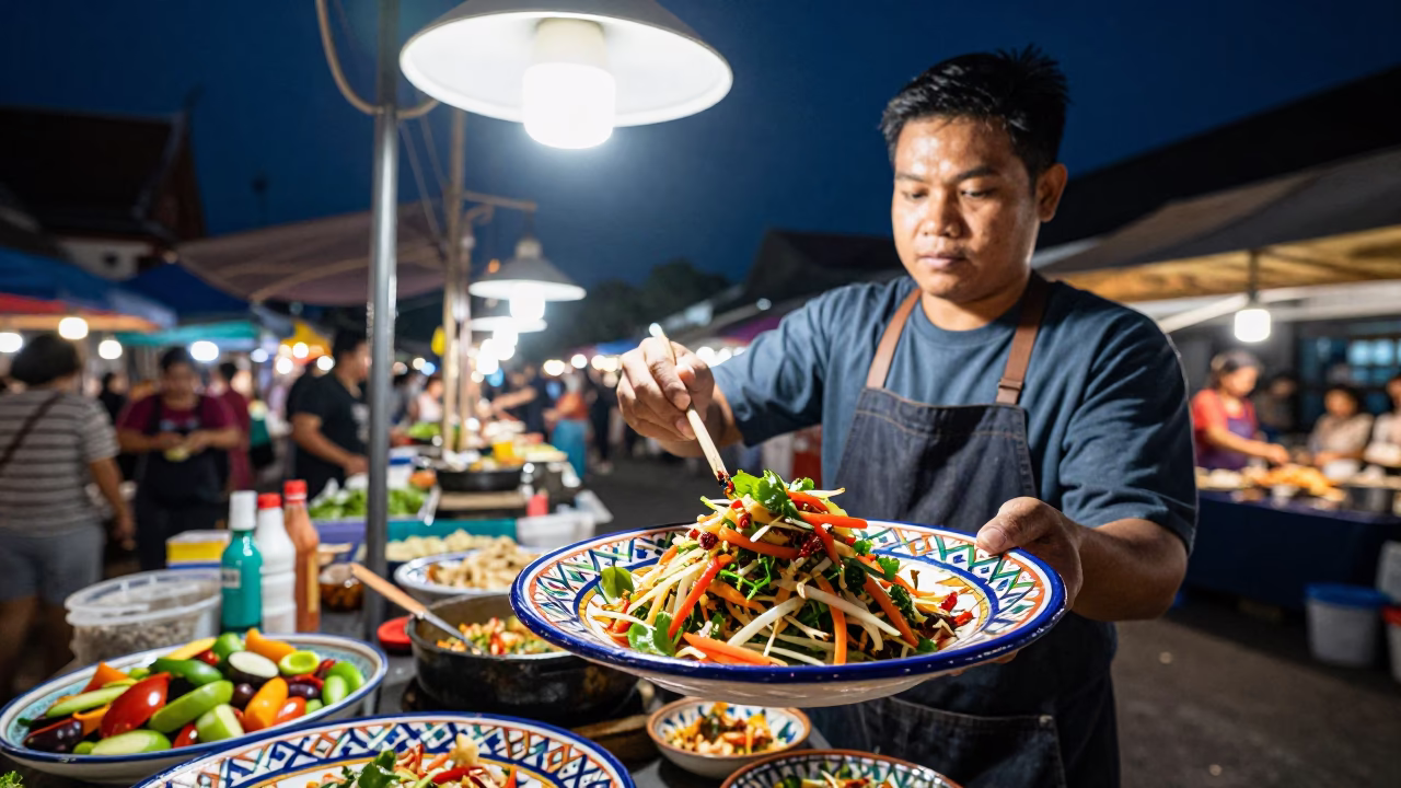 Night Market Street Vendor in Chiang Mai Thailand Cooking with Vintage Italian Majolica Plate in in Chiang Mai, Thailand