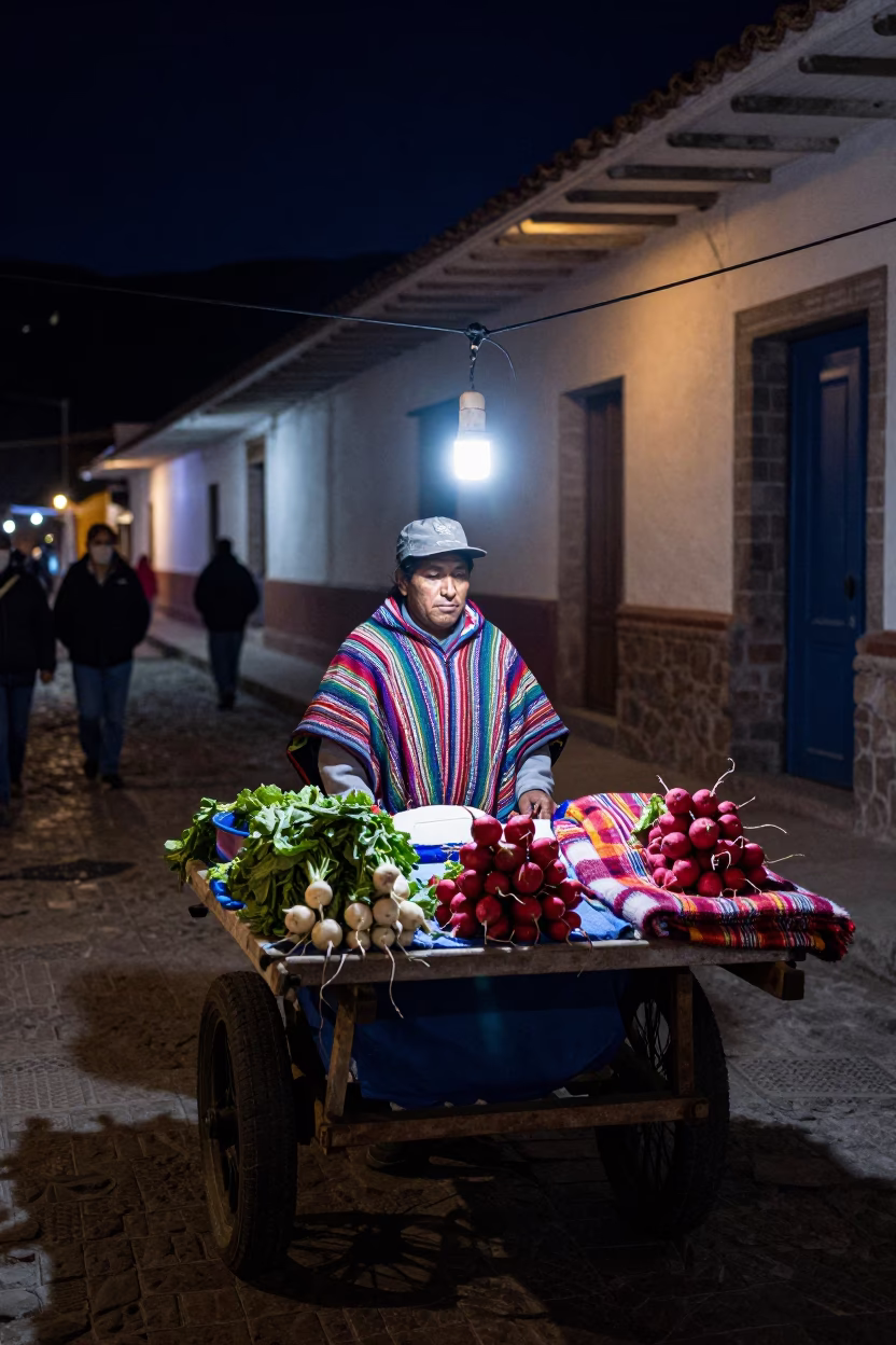 Night Market Street Vendor in Cusco Peru With Blankets and Radishes in in Cusco, Peru