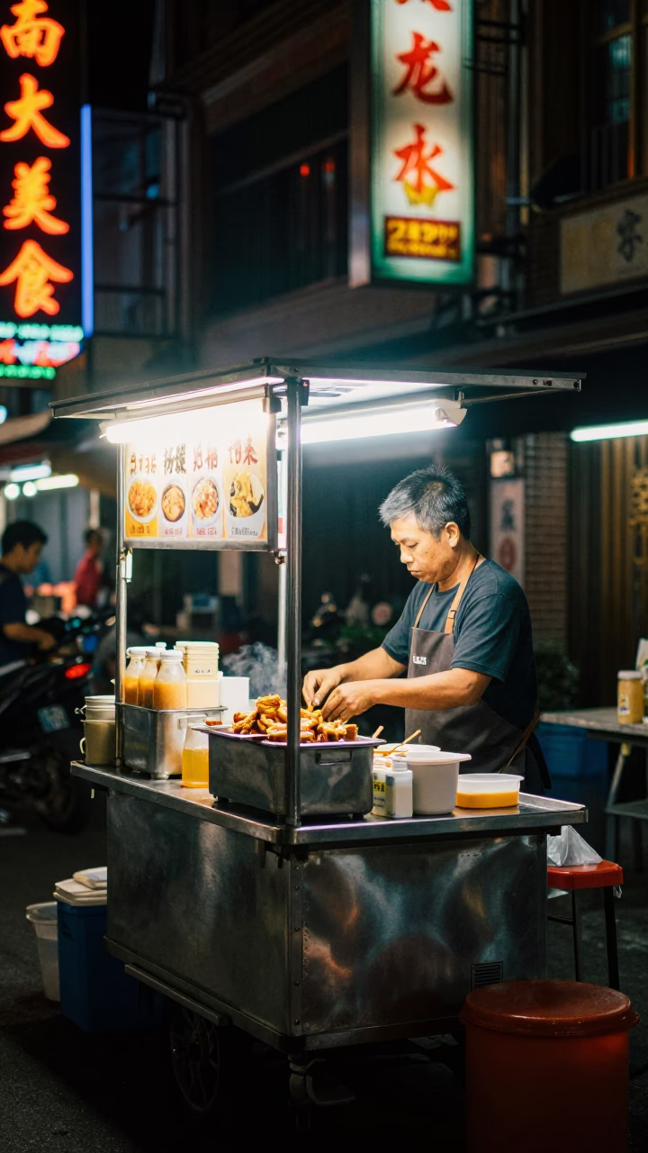 Night Market Street Vendor in Tainan Taiwan Preparing Food Under Neon Lights in in Tainan, Taiwan