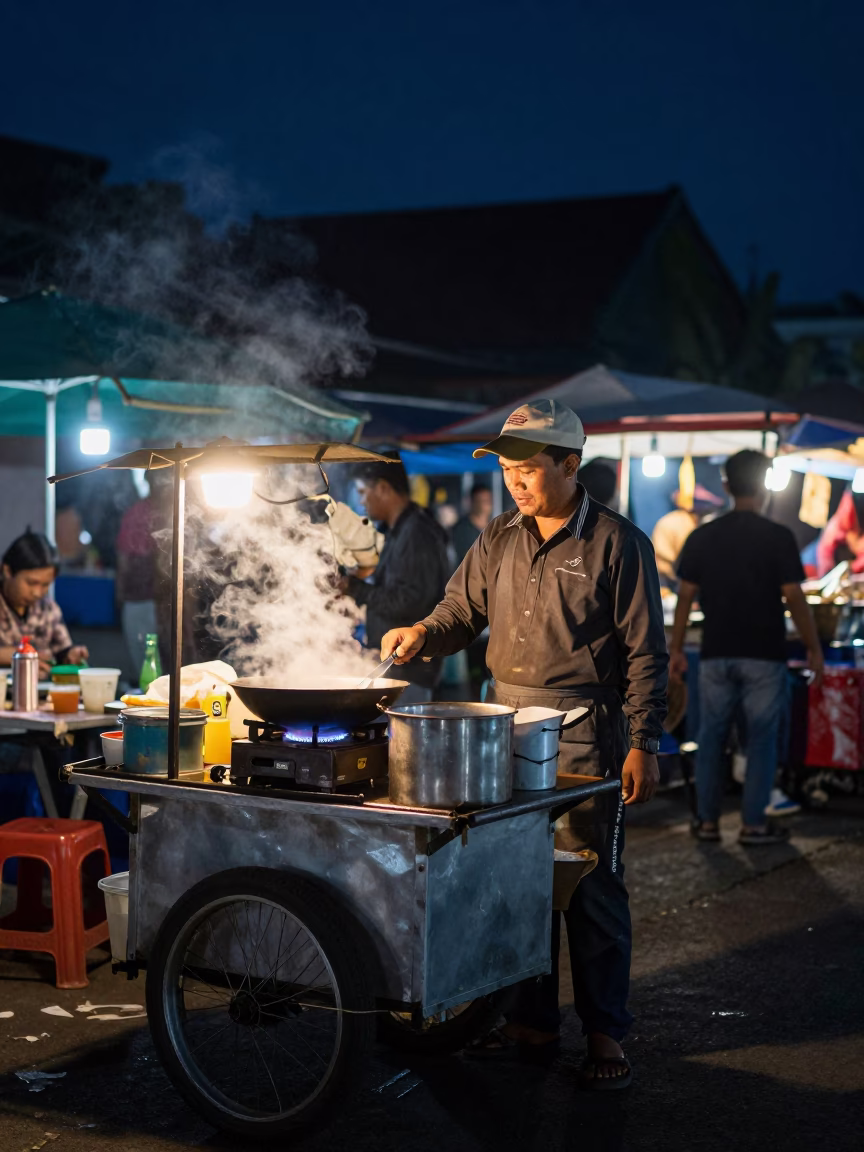 Night Market Street Vendor in Yogyakarta Indonesia Cooking with Gas Burner and Glass Jar in in Yogyakarta, Indonesia