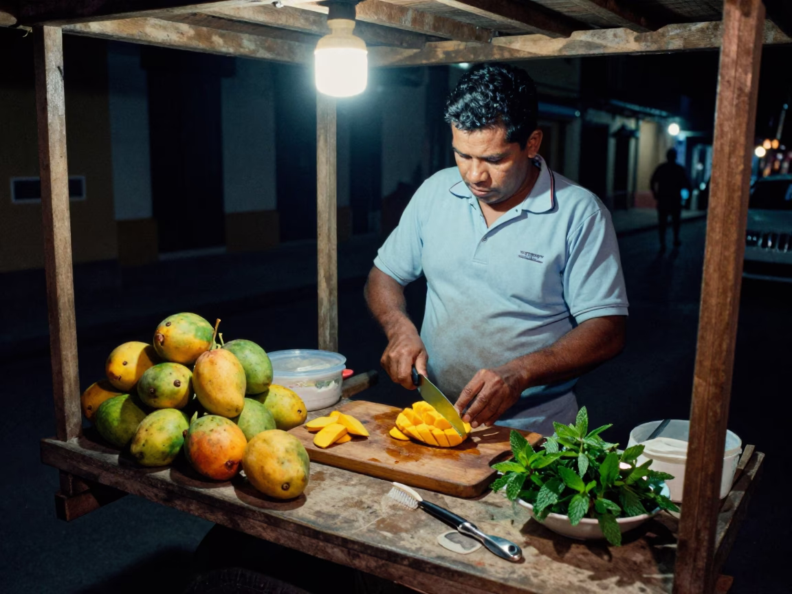 Night Market Street Vendor Preparing Fresh Fruit in Cartagena Colombia in in Cartagena, Colombia
