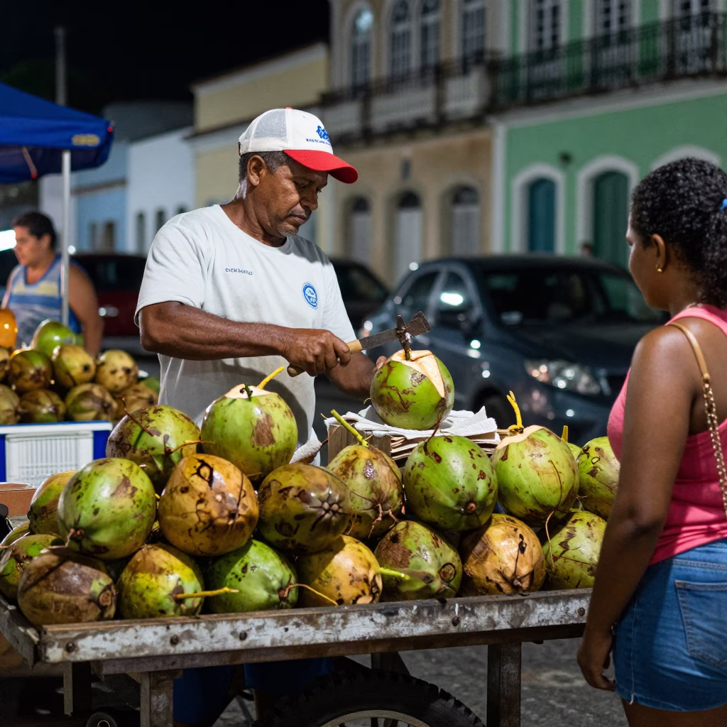 Night Market Street Vendor Selling Fresh Coconuts in Salvador Brazil Under Streetlight in in Salvador, Brazil