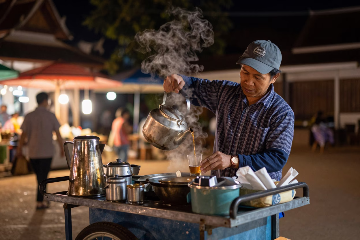Night Market Street Vendor Serving Hot Tea in Luang Prabang Laos in in Luang Prabang, Laos