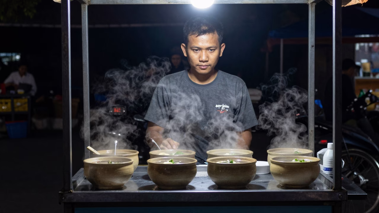 Night Market Street Vendor Serving Soup in Yogyakarta Indonesia Under Dark Sky in in Yogyakarta, Indonesia